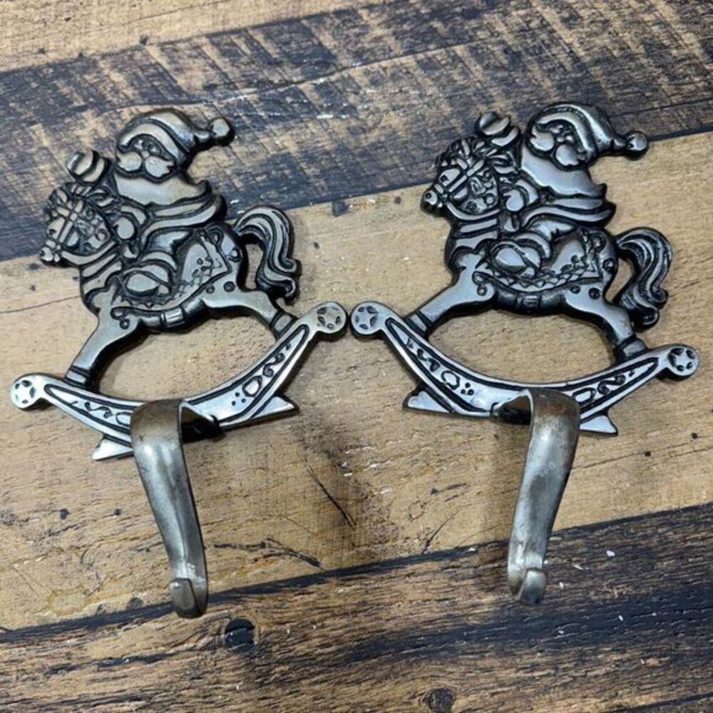 Vintage Santa‎ Rocking Horse Decorative Metal Stocking Hangers Christmas Holiday